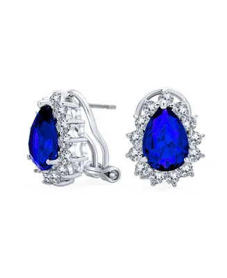Bling Jewelry Classic Style Cocktail Wedding Party 2.5CT Royal Blue Sapphire Simulated Aaa Cz Halo Pear Shaped Teardrop Stud Earrings For Women Omega
