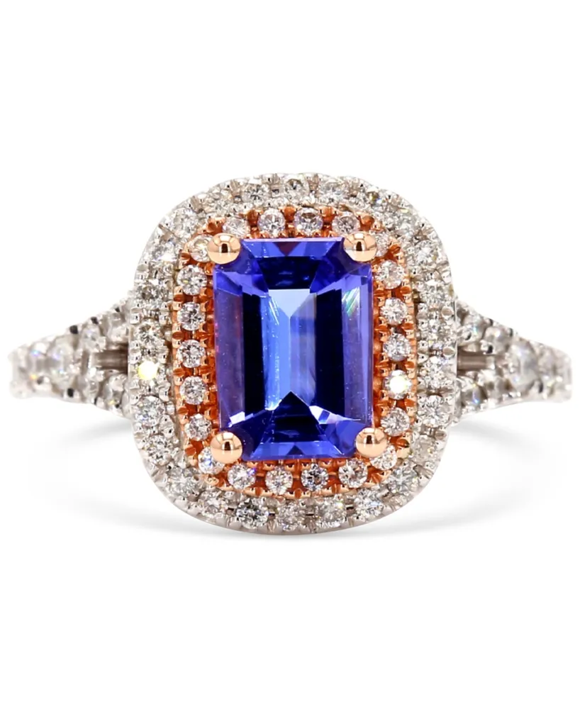 Tanzanite (2 ct. t.w.) & Diamond (1/2 ct. t.w.) Double Halo Ring in 10k White & Rose Gold