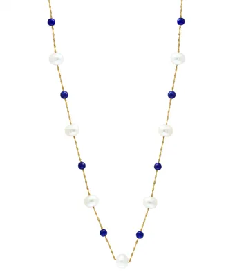 Effy Freshwater Pearl (6-1/2mm) & Lapis Lazuli 18" Collar Necklace in 14k Gold