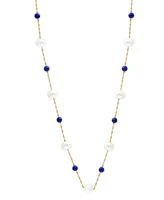 Effy Freshwater Pearl (6-1/2mm) & Lapis Lazuli 18" Collar Necklace in 14k Gold