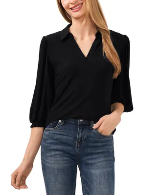 CeCe Women's Collared V-Neck Puff Shoulder 3/4-Sleeve Top