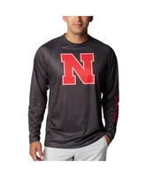 Men's Columbia Heather Charcoal Nebraska Huskers Pfg Terminal Tackle Omni-Shade Raglan Long Sleeve T-shirt