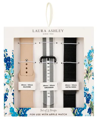 Laura Ashley Women's Black Mesh, Gray Grosgrain and Pink Silicone Strap Set Compatible with Apple Watch 38mm, 40mm, 41mm