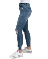 Indigo Rein Juniors' Curvy High-Rise Button-Front Distress Ankle Jeans