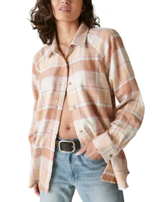Lucky Brand Women's Cotton Oversized Distressed Plaid Shirt