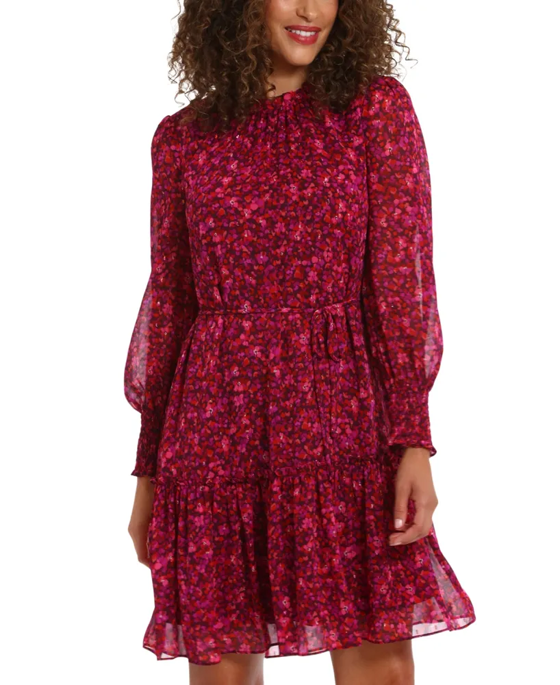 London Times Petite Ruffle-Neck Long-Sleeve Chiffon Dress