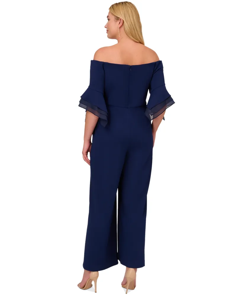 Adrianna Papell Plus Off-The-Shoulder Organza-Sleeve Jumpsuit