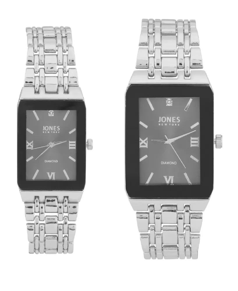 Jones New York Men and Women's Analog Shiny Silver-Tone Metal Bracelet His Hers Watch 40mm, 32mm Gift Set