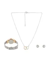 Jessica Carlyle Women's Analog Shiny Silver-Tone Mesh Bracelet Watch 33mm with Necklace Earring Set