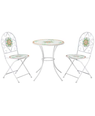 Outsunny 3 Piece Outdoor Bistro Set, Patio Dining Set with 2 Folding Chairs, Spring Flower Stone Mosaic, Folding Center Table for Garden, Poolside, Po