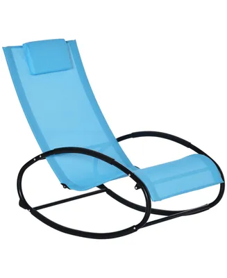 Outsunny Patio Rocking Chair, Outdoor Chaise Lounger with Headrest Pillow and Breathable Fabric for Backyard, Living Room, Deck and Poolside, Light Bl