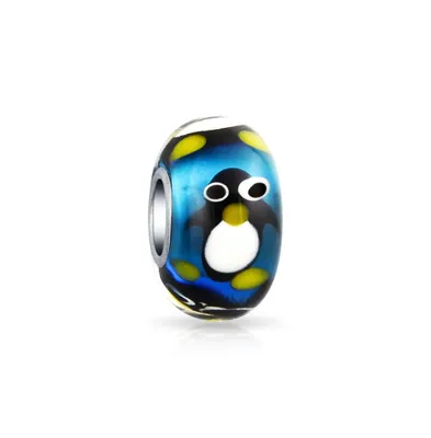 Christmas Holiday Cartoon Animal Blue Penguin Charm Bead Fits European Charm Bracelet For Women For Teen Murano Glass .925 Sterling Silver Core Spacer
