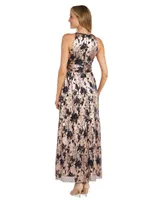 R & M Richards Petite Metallic Floral Halter Gown