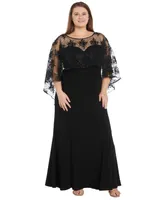 R & M Richards Plus Embroidered-Capelet Gown