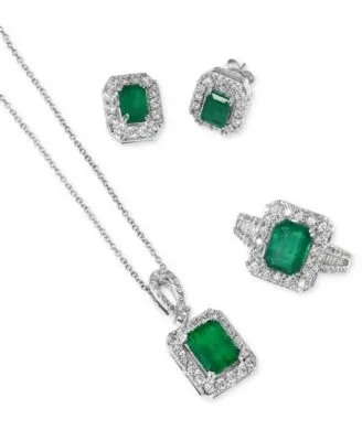 Effy Emerald Diamond Earrings Pendant Necklace Ring In 14k White Gold