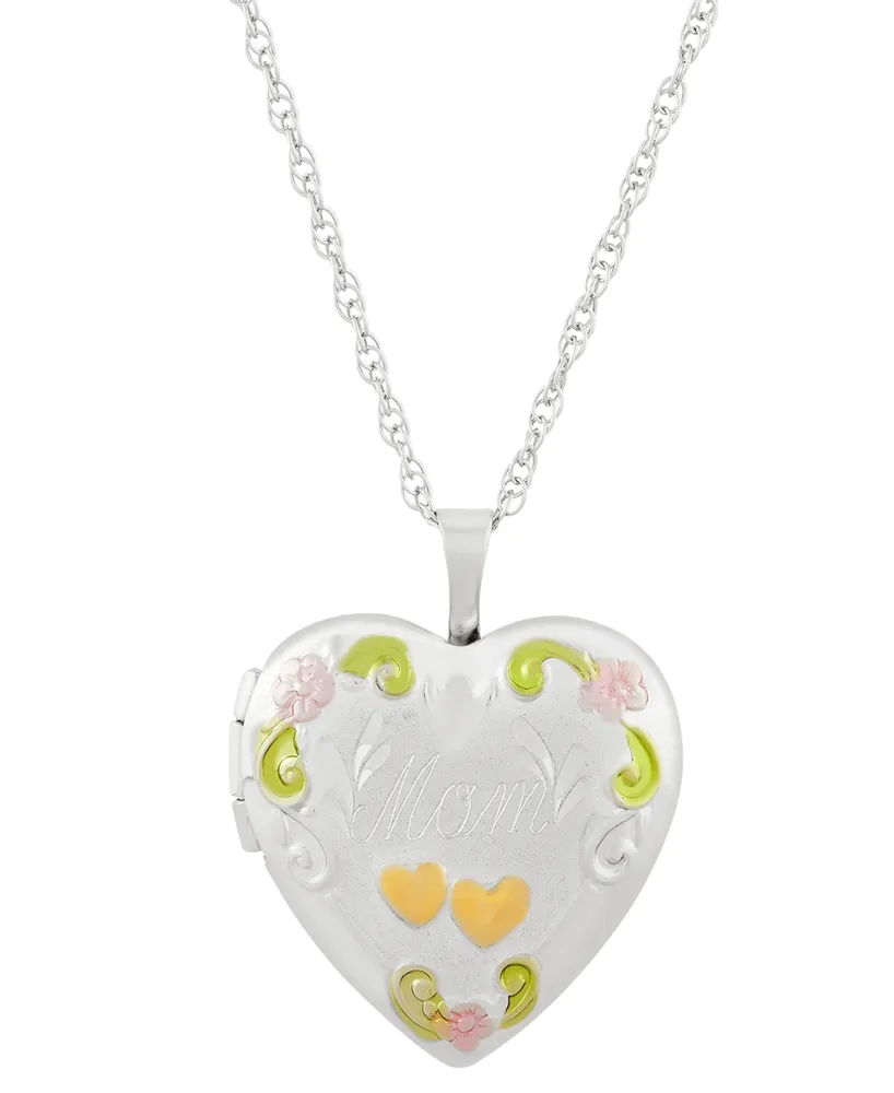 Mom Painted Heart Locket 18" Pendant Necklace in Sterling Silver