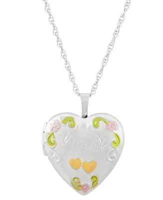 Mom Painted Heart Locket 18" Pendant Necklace in Sterling Silver