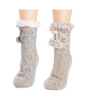 Muk Luks Women's 2 Pack Pom Tall Cabin Sock