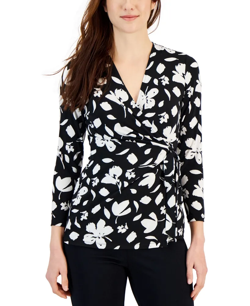 Anne Klein Women's Printed Faux-Wrap 3/4-Sleeve Top