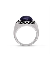 LuvMyJewelry Blue Sand Stone Flat Back Cabochon Gemstone Silver Signet Ring Black Rhodium