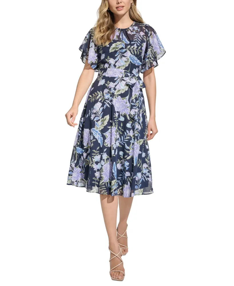 Jessica Howard Women's Flutter-Sleeve Belted Midi Dress