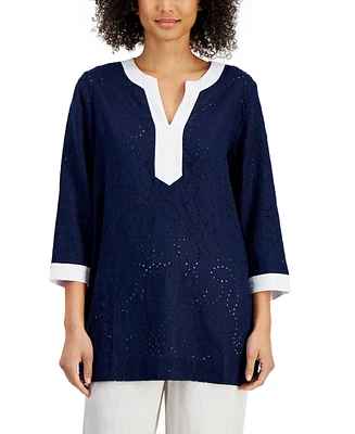 Charter Club 100% Linen Petite Colorblocked Eyelet 3/4 Sleeve Tunic Top, Created for Macy's