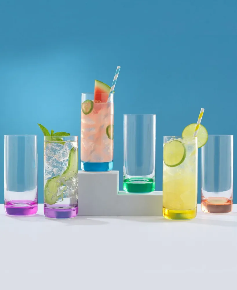 JoyJolt Hue Colored Highball Drinking Glasses 13 oz, Set of 6 - Clear, Multi
