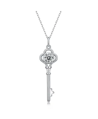 Sterling Silver White Gold Plated with 1ctw Lab Created Moissanite Vintage inspired Skeleton Key Pendant Necklace