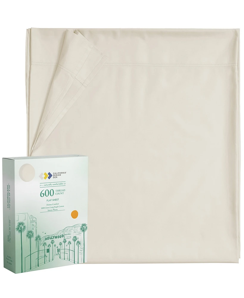 Luxury Queen Size Flat Sheet Only - 600 Thread Count 100% Cotton Sateen - Soft, Breathable and Durable Top Sheet by California Design Den