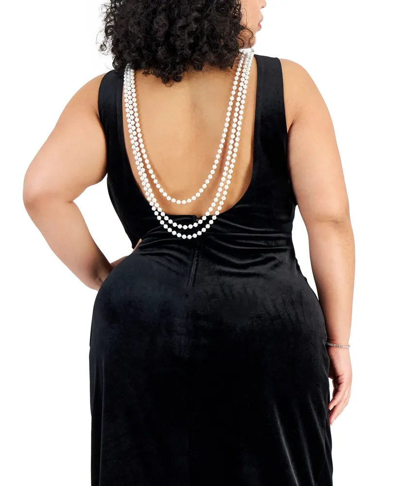 City Studios Trendy Plus Size Velvet Necklace-Trim Open-Back Gown