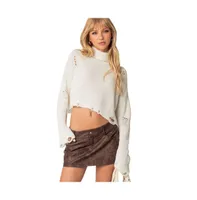 Women's Distressed turtle neck cropped sweater