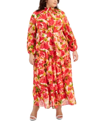 Taylor Plus Size Printed Belted Blouson-Sleeve Maxi Dress