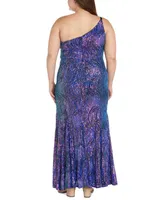 Morgan & Company Trendy Plus Sequined One-Shoulder Gown