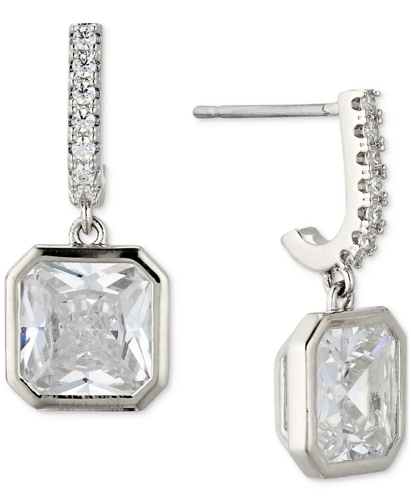 Eliot Danori Silver-Tone Radiant-Cut Cubic Zirconia Charm J-Hoop Earrings, Created For Macy's