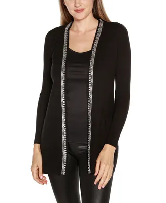 Belldini Black Label Women's Rhinestone Trim Open-Front Cardigan Sweater