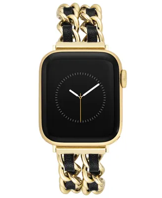 Steve Madden Women's Black Faux Leather and Gold-Tone Double Chain Alloy Metal Bracelet designed for Apple Watch 42mm (Series 1-3 only) & 44/45/46/49m