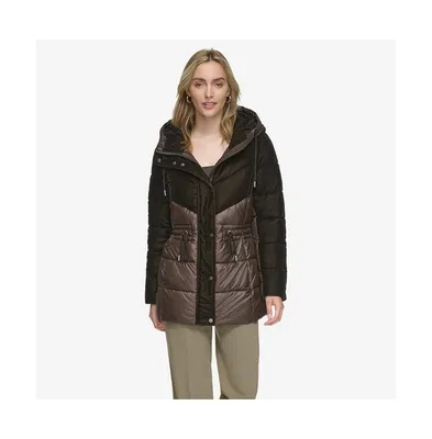 Women's Varna Velvet Mixed Quilted Puffer Jacket Within Attached Hood