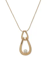 Anne Klein Gold-Tone Link & Imitation Pearl Long Pendant Necklace, 32" + 3" extender