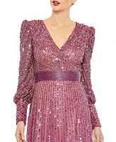 Women's Sequined Wrap Over Bishop Sleeve Gown