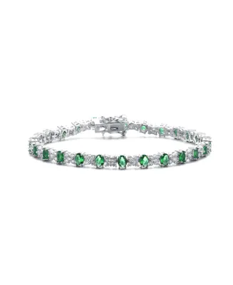 Sterling Silver White Gold Plated Clear Round and Green Cubic Zirconia Tennis Bracelet