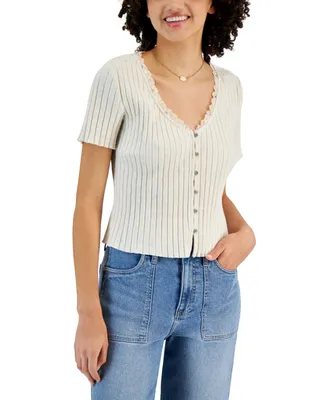 And Now This Women's Lace-Trim Short-Sleeve Rib-Knit Top, Created for Macy's