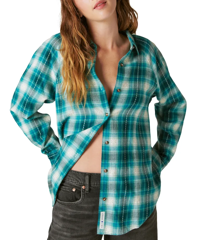 Lucky Brand Women's Long Sleeve Oversized Distressed Plaid Shirt