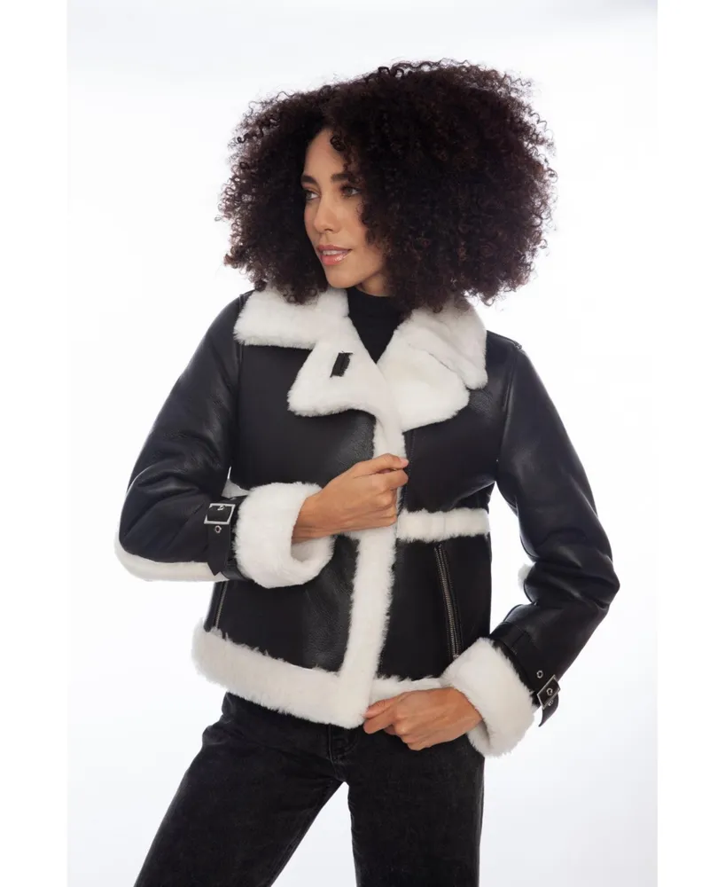 Furniq Uk Women's Shearling Half Zipper Jacket, Silky Black with White Wool