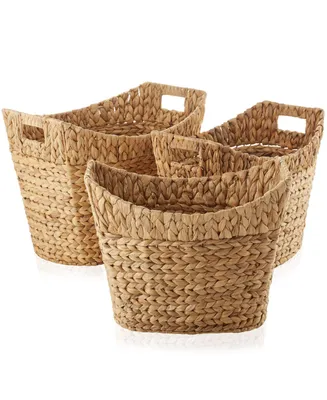 Casafield Set of 3 Oval Baskets with Handles, Water Hyacinth Woven Storage Totes for Blankets, Laundry, Bathroom, Bedroom, Living Room