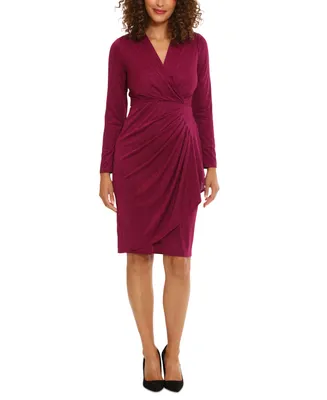 London Times Women's Faux-Wrap Glitter-Finish Dress