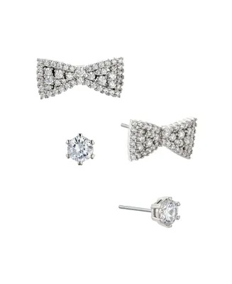Ava Nadri Silver-Tone Cubic Zirconia Bow Earrings and Stud Earrings Set of Two Pair