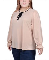 Ny Collection Plus Long Sleeve Tie Neck Top