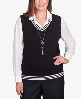 Alfred Dunner Women's Downtown Vibe Stripe Trim Vest with Attached Collared Sweater