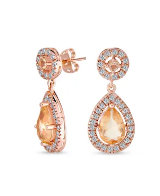 Fashion Pink Simulated Morganite Aaa Cz Halo Pear Shaped Teardrop Dangle Earrings For Women Prom Rose Gold Plated Brass