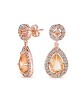 Fashion Pink Simulated Morganite Aaa Cz Halo Pear Shaped Teardrop Dangle Earrings For Women Prom Rose Gold Plated Brass